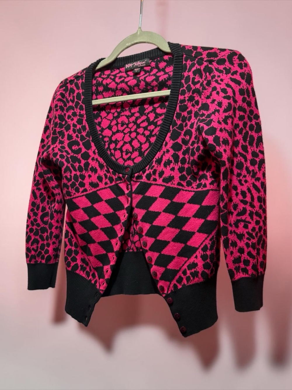 Y2K Betsey Johnson Hot Pink and Black Mixed-Pattern Cardigan button front Sz sm